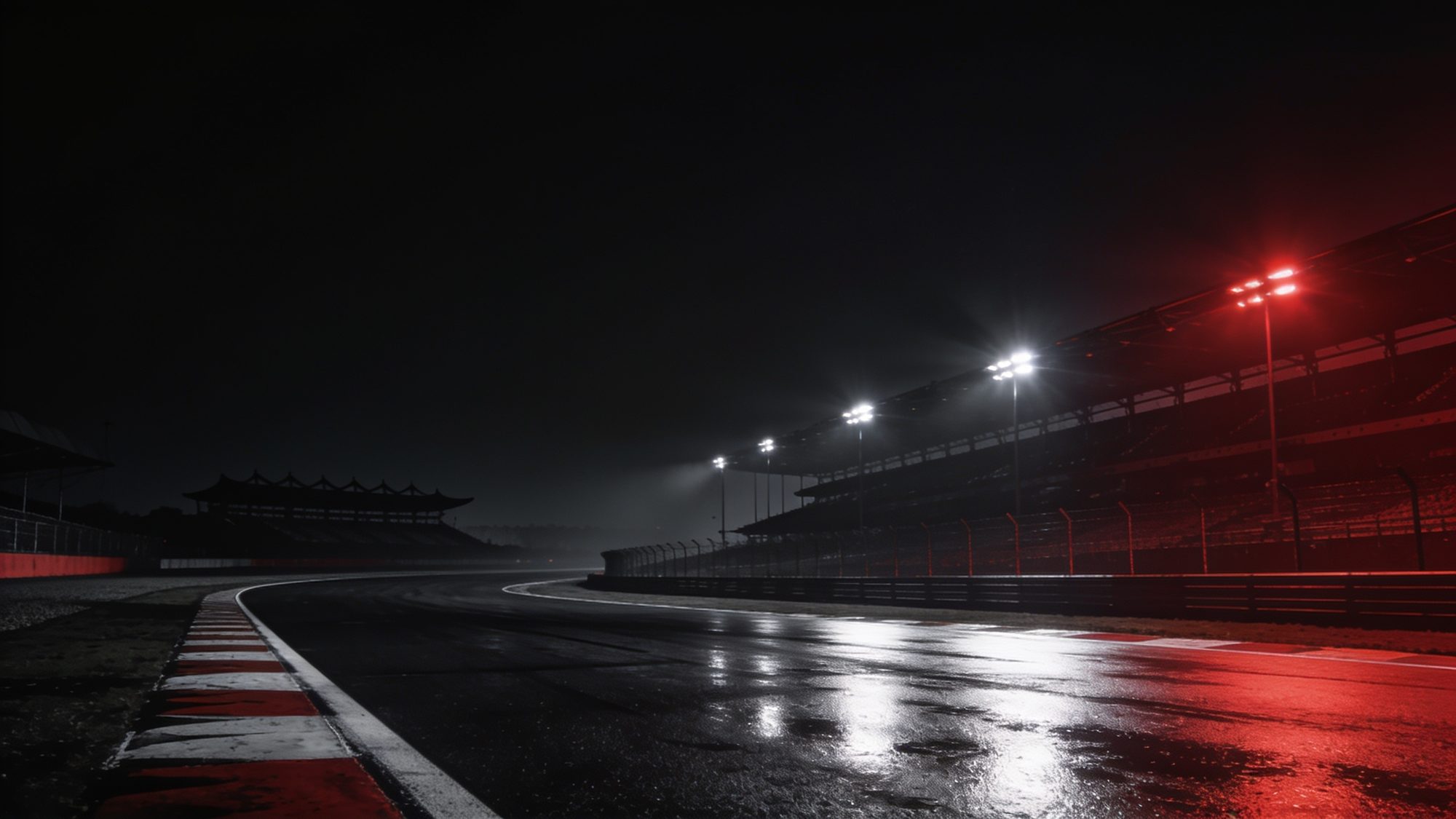 A floodlit racing circuit at night, wet tarmac reflecting the lights